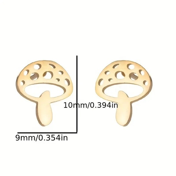 Gold Mushroom Earrings Gold Tone Stainless‎ Steel Funky Cute Stud Earrings Steel - Picture 4 of 6